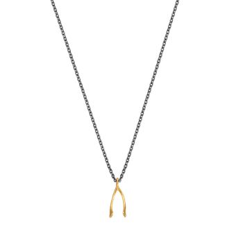 Preview: Halskette Wishbone Gold und Schwarz Preview: Diese Wünsche erfüllende Halskette von Krinaki Jewelry hat einen goldenen Wishbone als Anhänger und wartet schon im Perlenmarkt Onlineshop auf Dich! Jetzt entdecken!